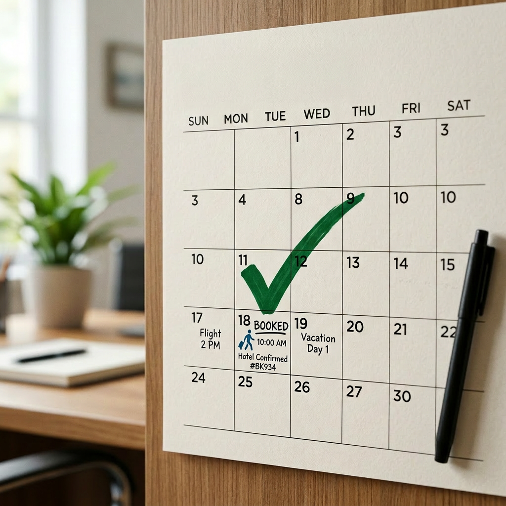 June 2024 calendar showing hotel booking on June 18 with flight and vacation notes