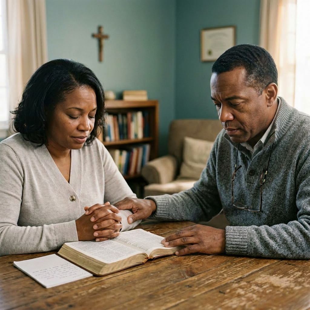 A man and woman praying and reading an open Bible at a table