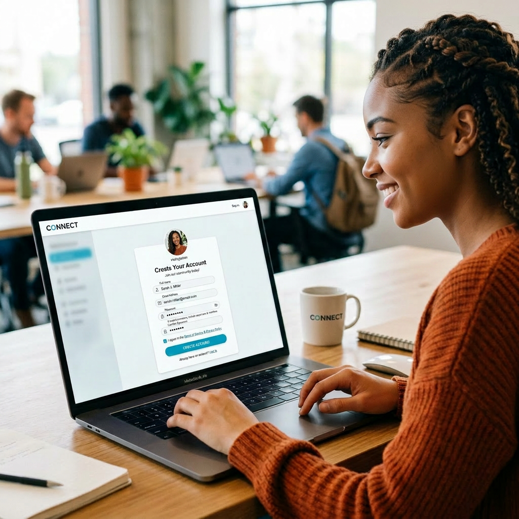 Woman creating a new account on Connect website using laptop